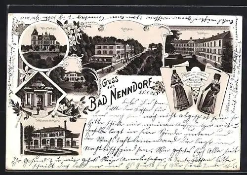 Lithographie Bad Nenndorf, Kurhaus, Villa Dr. Ewe, Schlammbadehaus, Trinkquelle