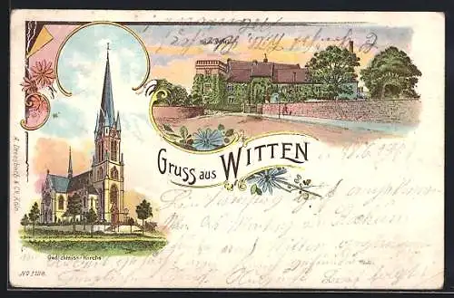 Lithographie Witten, Haus Witten und die Gedächtnis-Kirche