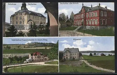 AK Zschorlau, Schule, Blick zur alten Schule, Filzteich und Schlösschen Tauschermühle