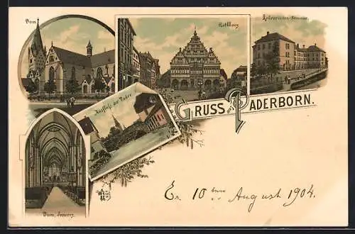 Lithographie Paderborn, Lehrerinnen-Seminar, Ausfluss der Pader, Rathhaus, Dominneres, Dom