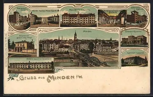 Künstler-AK Minden i. W., Neue Artillerie-Kaserne, Marienwall-Kaserne, Garnison-Lazarett