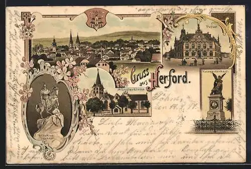 Lithographie Herford, Kriegerdenkmal, Postamt und Stadtwappen