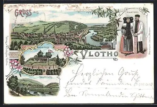 Lithographie Vlotho, Amthausberg, Weserbrücke, Bauernpaar in Tracht