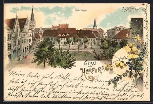 Lithographie Herford, Alter Markt mit Denkmal