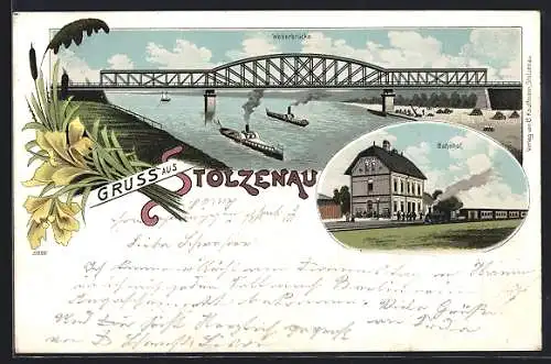 Lithographie Stolzenau, Bahnhof, Weserbrücken-Panorama