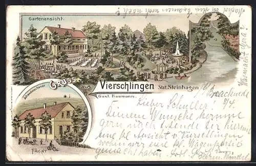 Lithographie Vierschlingen /Steinhagen, Gaststätte Vierschlingen G. Baumann, Gartenansicht mit Fluss, Schwedenschanze