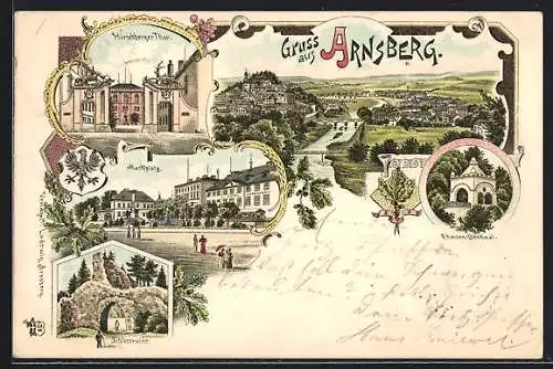 Lithographie Arnsberg / Westf., Ortsansicht von oben, Hirschberger Tor, Schlossruine, Strassenpartie