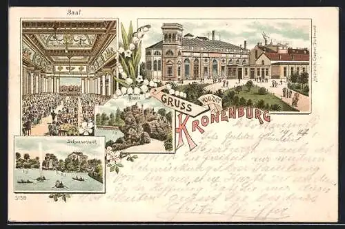 Lithographie Dortmund, Kronenburg, Inneres Saal, Schwanenteich