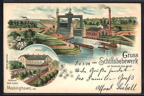 Lithographie Meckinghoven, Gasthaus Hermann Lucas, Schiffshebewerk am Dortmund-Ems-Kanal