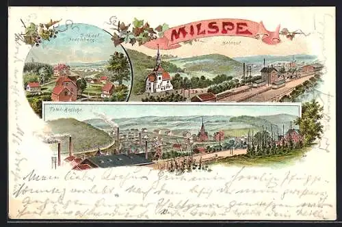 Lithographie Milspe, Totalansicht, Bahnhof und Gevelsberg