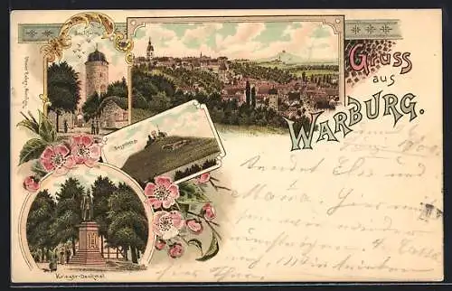 Lithographie Warburg, Sackturm, Krieger-Denkmal, Degenberg, Ortsansicht