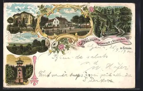 Lithographie Gera, Ernsee, Restaurant zum Felsenkeller, Villa Sonntag, Aussichtsturm