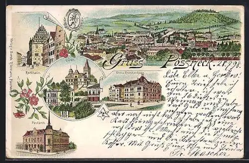 Lithographie Pössneck, Neues Krankenhaus, Villen, Gesamtansicht, Wappen