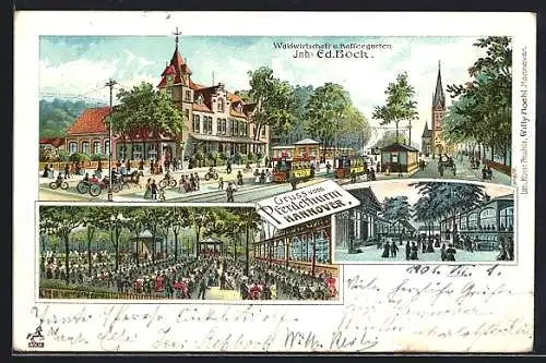 Lithographie Hannover, Gaststätte Pferdethurm Ed. Bock mit Strassenbahnen u. Kirche, Saal und Garten