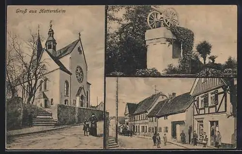 AK Hattersheim, Strassenpartie mit Geschäft, Kriegerdenkmal, Kirche