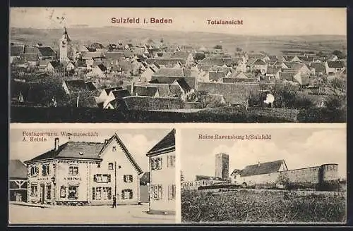 AK Sulzfeld i. Baden, Postagentur und Geschäft A. Heinle, Ruine Ravensburg