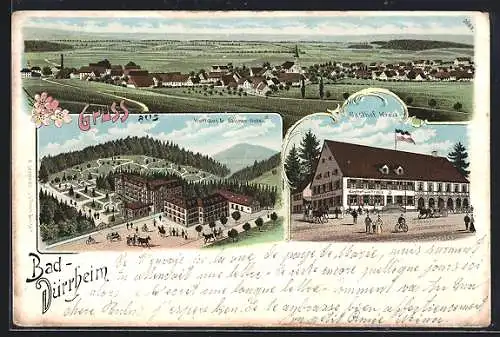 Lithographie Bad Dürrheim, Kurhaus & Salinen-Hotel, Gasthof Kreuz, Gesamtansicht