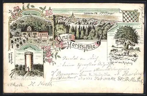 Lithographie Lübbecke, Gasthof Horsts Höhe, Wart-Turm, Linde auf dem Reineberg, Ortsansicht