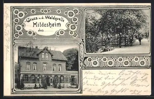 Passepartout-AK Hildesheim, Gasthaus Waldquelle A. Ulrich mit Garten, Ornamente