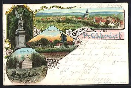 Lithographie Pr. Oldendorf, Kohlen-Zeche, Trotzenburg, Kriegerdenkmal, Ortsansicht