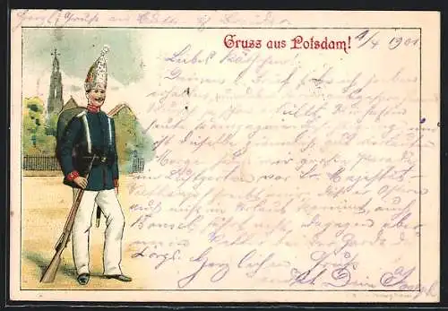 Lithographie Potsdam, Soldat in Uniform mit Gewehr und Marschgepäck