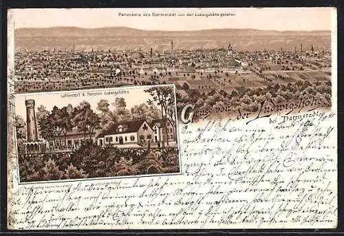 Vorläufer-Lithographie Ludwigshöhe bei Darmstadt, 1895, Die Pension Ludwigshöhe, Panoramablick auf Darmstadt