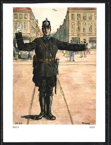 Künstler-AK Braunschweig, Mann der städtischen Polizei in Uniform 1926, Polizei-Serie 1500-1927