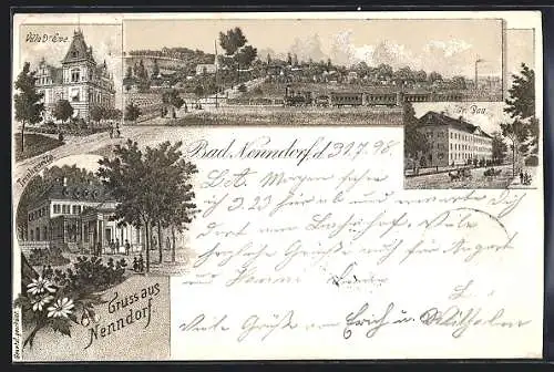 Lithographie Bad Nenndorf, Villa Dr. Ewe, Trinkquelle, Grosser Bau, Ortsansicht mit Eisenbahn