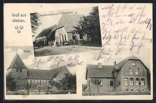 AK Wietzen, Gasthaus von Fr. Horstmann, Kirche, Schule