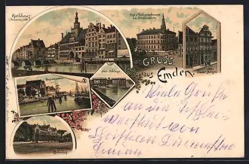 Lithographie Emden / Ostfriesland, Rathaus Seitenansicht, Alte Emder Häuser, See-Schleuse