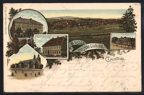 Lithographie Clausthal, Hotel Glück Auf, Hotel zur goldenen Krone, Oberbergamt