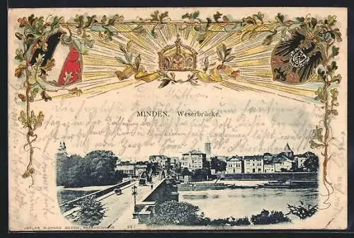 Passepartout-Lithographie Minden / Weser, Blick über die Weserbrücke, Reichswappen im Passepartout