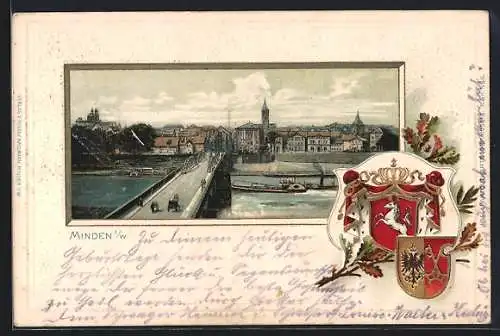 Passepartout-Lithographie Minden i. W., Blick über die Brücke auf die Stadt, Wappen