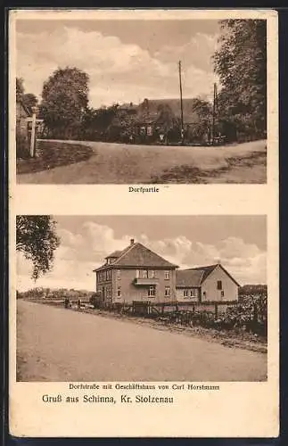 AK Schinna /Stolzenau, Dorfstrasse mit Geschäftshaus von Carl Horstmann