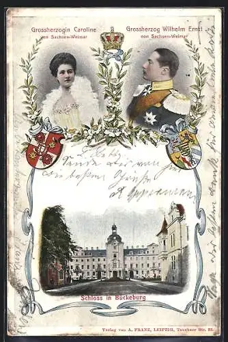 AK Bückeburg, Grossherzogin Caroline von Sachsen-Weimar mit Grossherzog Wilhelm Ernst, Schloss, Wappen