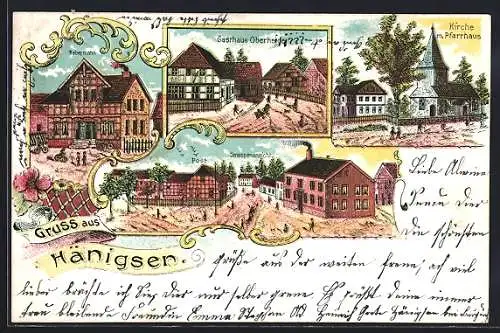 Lithographie Hänigsen, Gasthaus Oberheide, Kirche, Pfarrhaus, Post