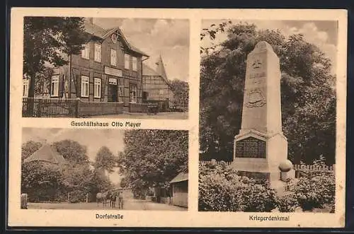 AK Eddesse, Geschäftshaus Otto Meyer, Kriegerdenkmal, Dorfstrasse