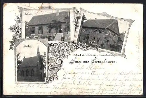 AK Essinghausen / Peine, Schankwirtschaft Aug. Langeheine, Schule, Kirche