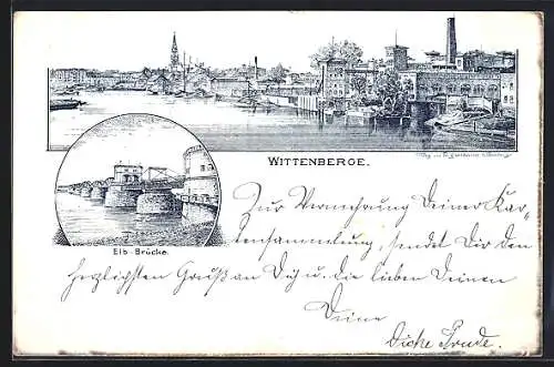 Lithographie Wittenberge, Elbbrücke, Ortsansicht