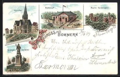 Lithographie Bommern, Bahnhof, Kriegerdenkmal, Ruine Hardenstein