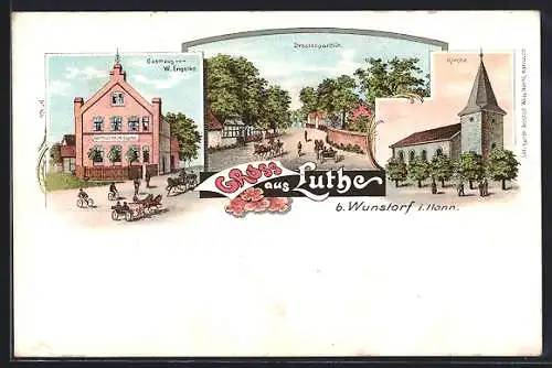 Lithographie Luthe b. Wunstorf, Gasthaus v. W. Engelke, Kirche, Strassenpartie