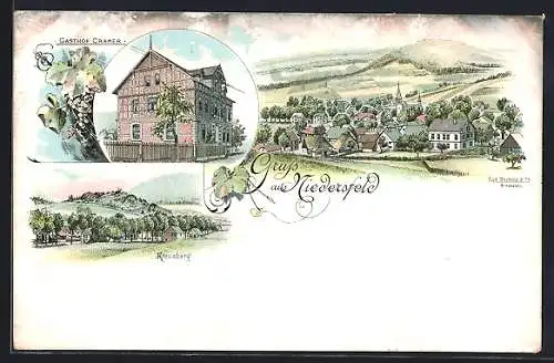 Lithographie Niedersfeld, Gasthof Cramer, Kreuzberg, Ortsansicht aus der Vogelschau