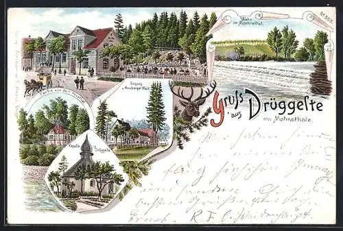 Lithographie Drüggelte im Mahnethale, Kapelle, Arnsberger Wald, Hevethal