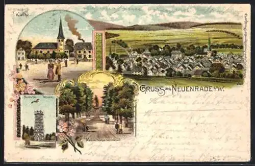 Lithographie Neuenrade i. W., Kirche, Aussichtsturm, Wall mit Kaiserdenkmal