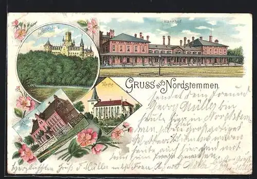 Lithographie Nordstemmen, Bahnhof, Marienburg, Schule, Kirche