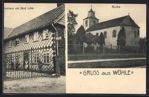 AK Wöhle, Gasthaus von Josef Lüke, die Kirche