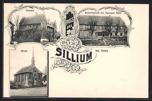 AK Sillium bei Holle, Gasthaus von Hermann Meier, Domäne, Kirche