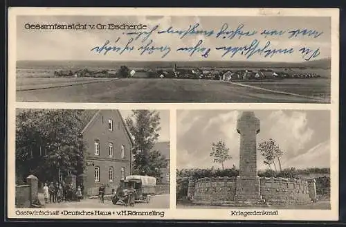 AK Gr. Escherde, Gasthaus Deutsches Haus v. H. Römmeling, Kriegerdenkmal, Gesamtansicht