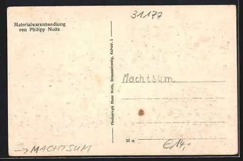 AK Machtsum, Materialwarenhandlung von Philipp Nolte, die Kirche