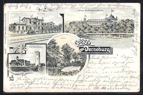 Lithographie Derneburg, Bahnhof, Schloss des Fürsten zu Münster, Aussichtsthurm am Wohldenberge, Park